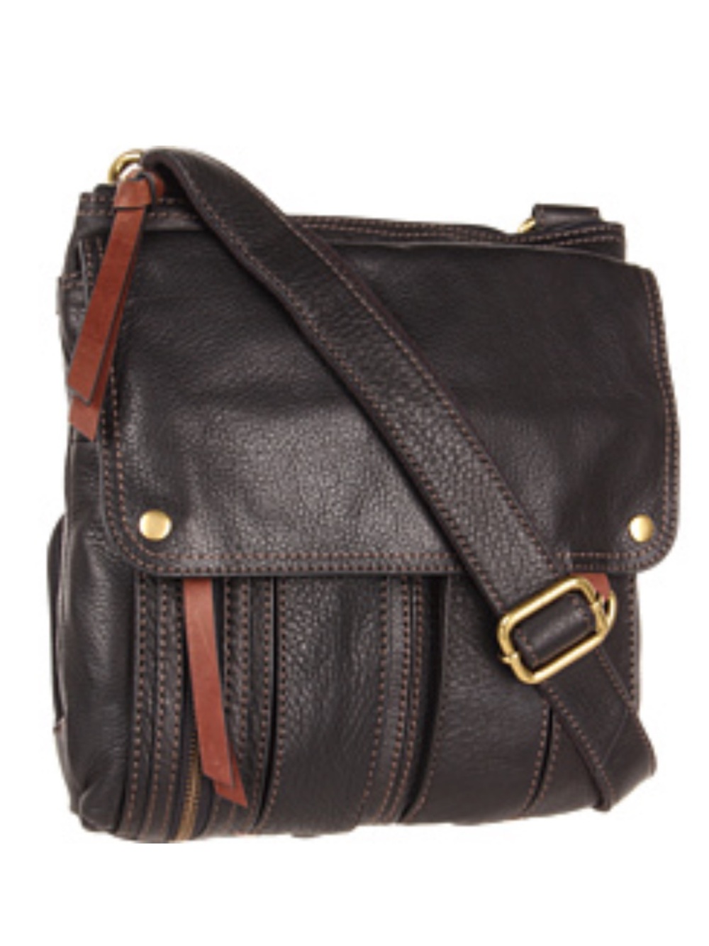 Fossil Purse Black Leather Pebbled Messenger Bag Brown Accents Crossbody Travel